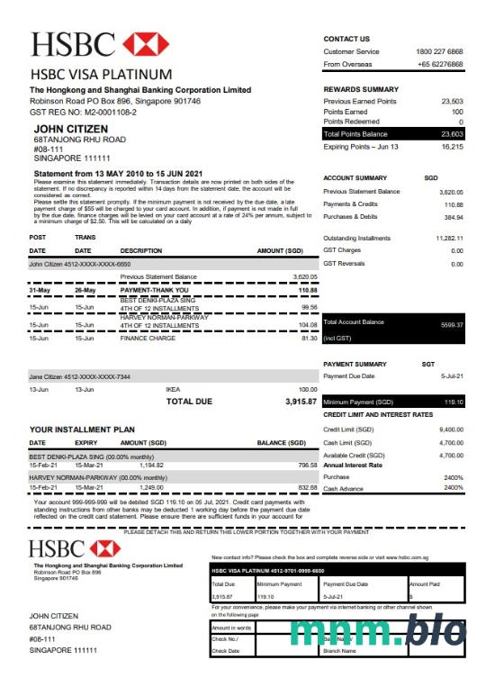 Hong Kong HSBC Hongkong i Shanghai Banking Corporation wyciąg bankowy szablon w formacie Excel i PDF (2 strony)